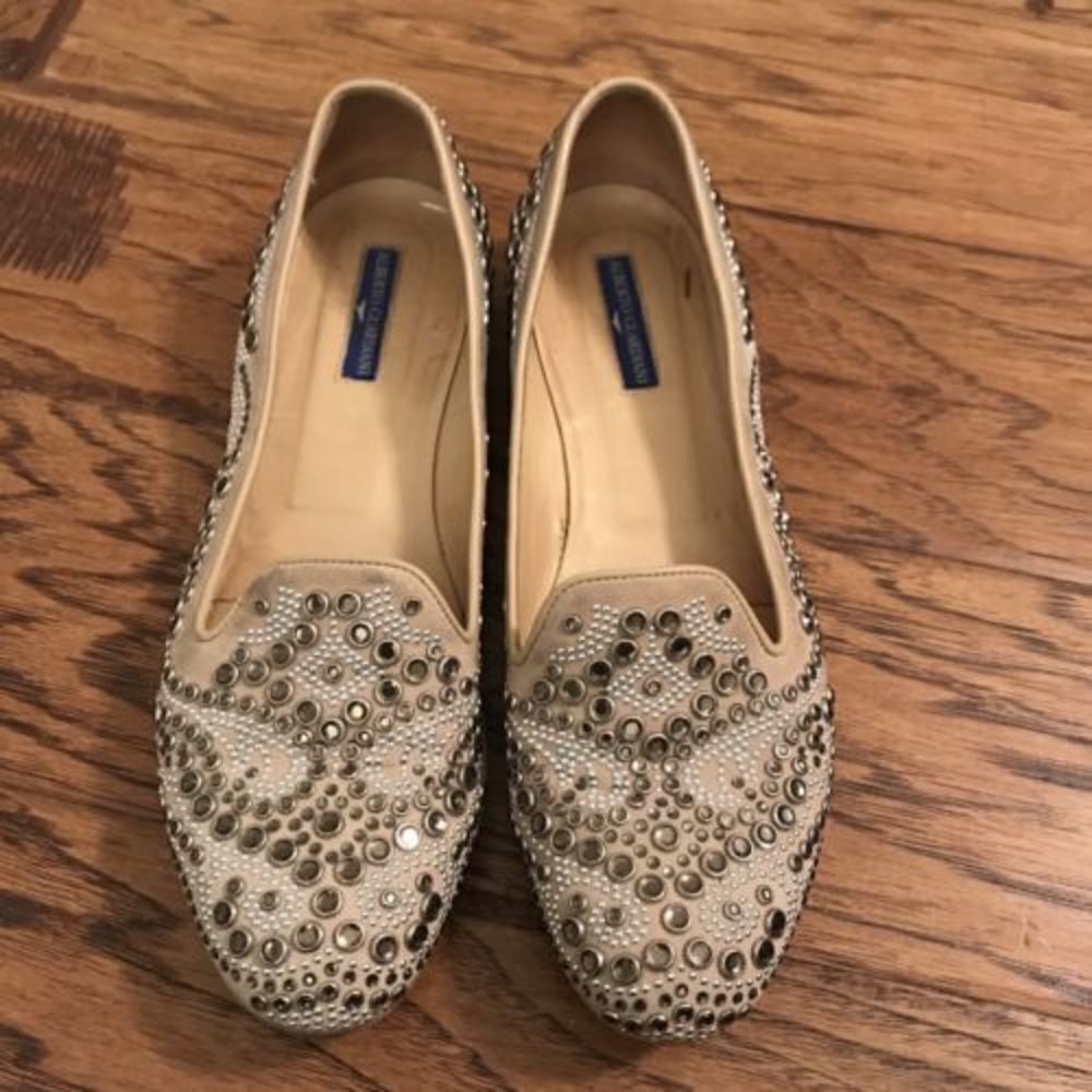 ALBERTO GUARDIANI AG Women Flats Suede Beige shoes 38 Studs Crystal Jewels